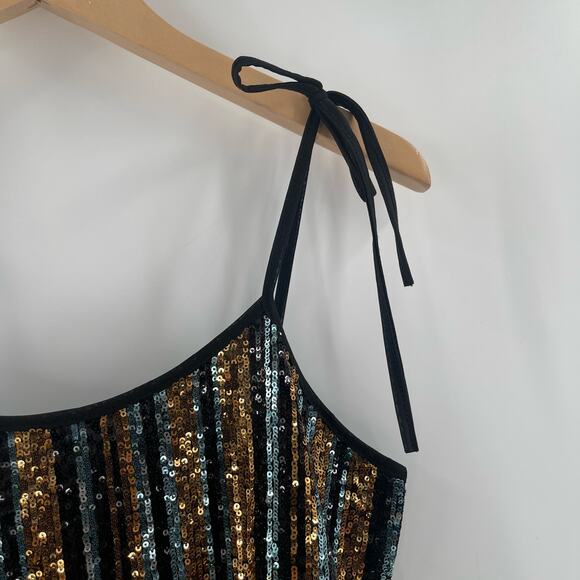 SAY WHAT? Sequin Tank Size Medium Stripe Button Back Tie Straps Open Back Party - Picture 5 of 14